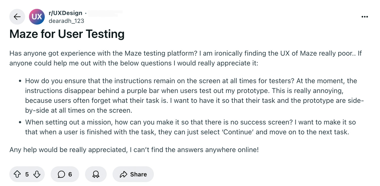 Maze for user testing - a dissappointed thread on Reddit