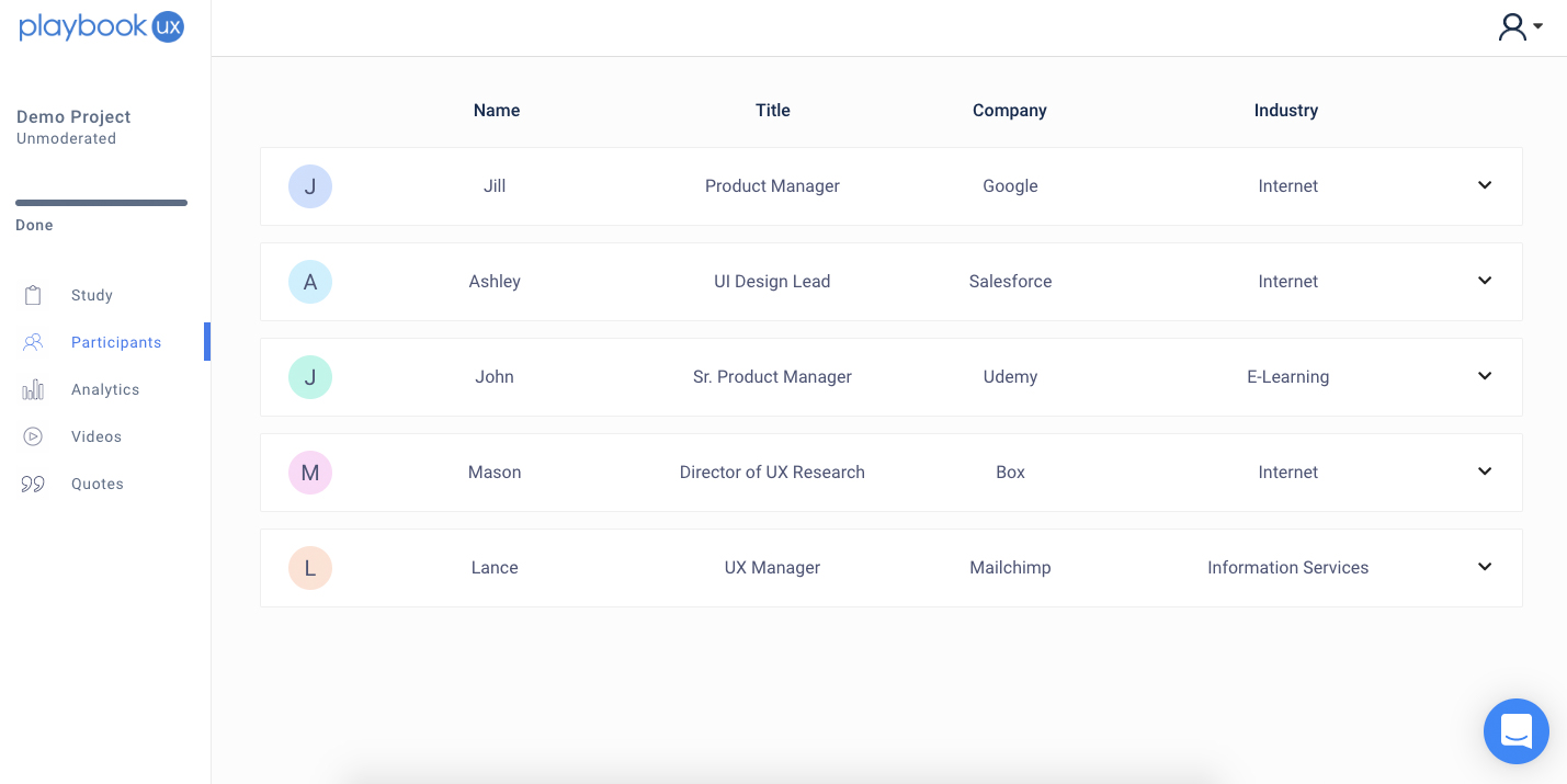 Screenshot of PlaybookUX user dashboard for usability testing