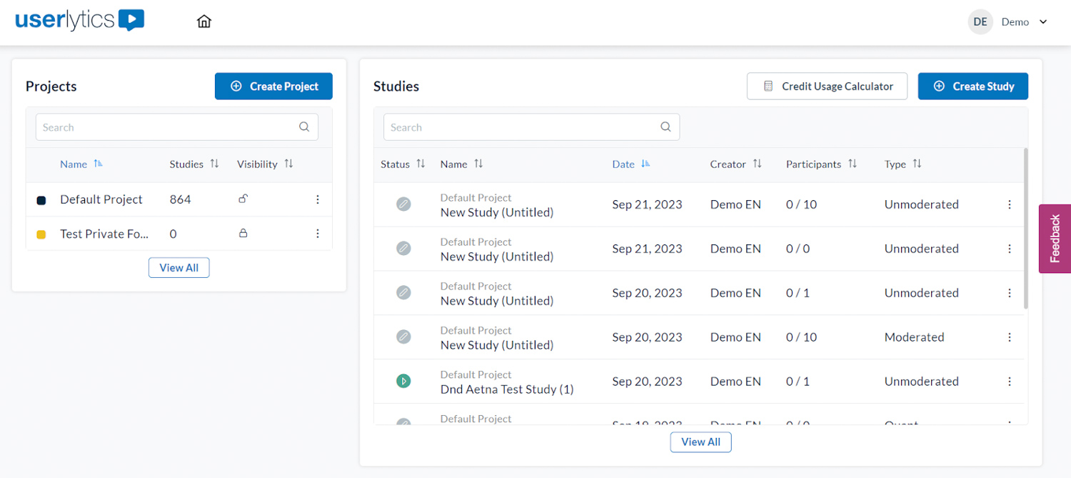 Userlytics dashboard